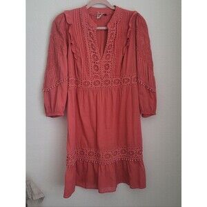 Anthropologie Akemi + Kin Coral Pink Eyelet Lace Boho Mini Dress S Cottagecore